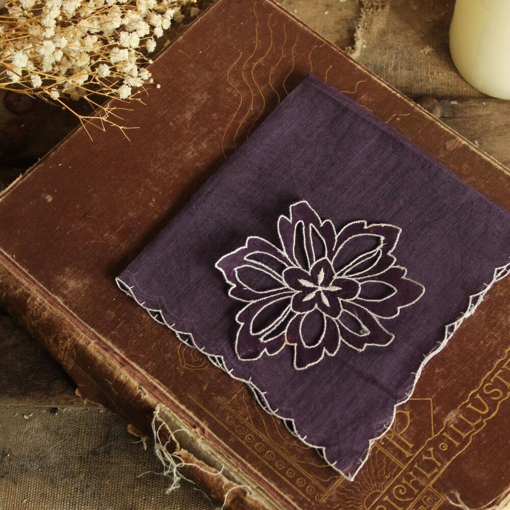 Vintage Handkerchief, Purple Flower Hankie,  Floral Applique